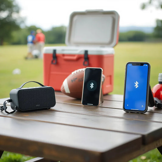 Wireless speakers on a tailgate table with football and smartphone in the background for Bluetooth music playback