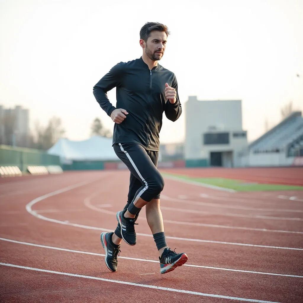 Athlete jogging on a track wearing secure hands-free earbuds during training