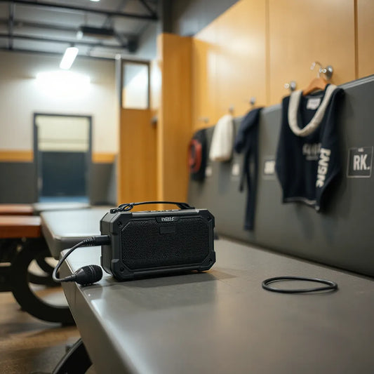 Compact portable speaker and microphone on a bench in a wrestling gym near headgear