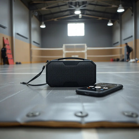 Compact Bluetooth speaker on a wrestling mat near a phone playing warmup music