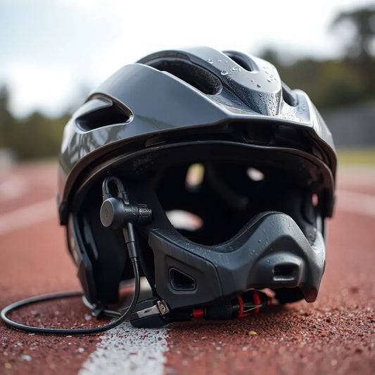 Helmet with moisture-resistant audio attachment in a sporty outdoor setting